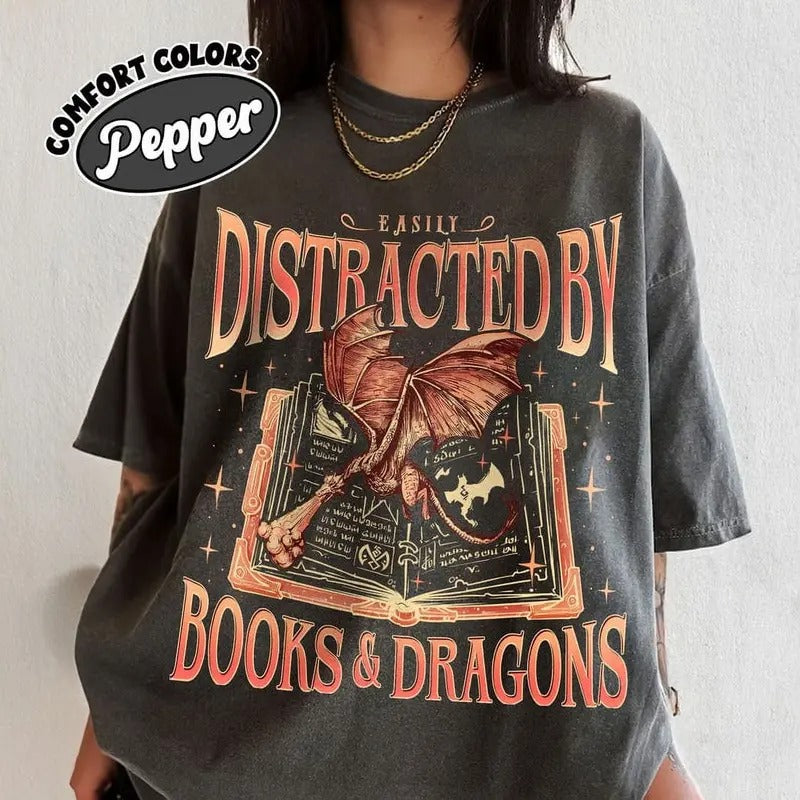 Dragon Book Shirt, Bookworm Book Dragon Sweatshirt, Easily Distracted By Dragons And Books Shirts,Dragon Rider Fan Merch,