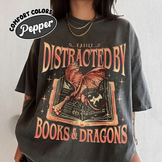 Dragon Book Shirt, Bookworm Book Dragon Sweatshirt, Easily Distracted By Dragons And Books Shirts,Dragon Rider Fan Merch,