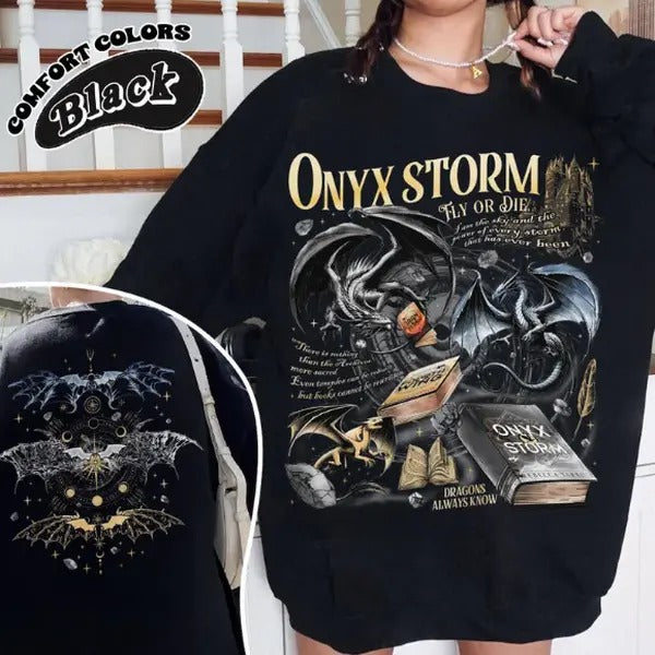Dragon Rider Onyx Storm Brave The Dark Sweatshirt - Unisex Fitted Crew Neck, Long Sleeve, Winter, Gift for Dragon Books Lover - Fabric, Pullover