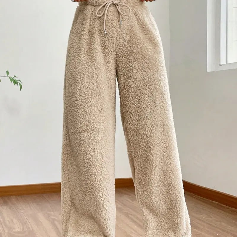 Drawstring Waist Teddy Wide Leg Pants Loose Fuzzy Pants Casual Trousers T-Shirts, Hoodie, Sweatshirt | DripVista.com