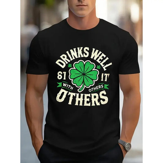 Drinks Well with Others" with Clover and Different Layout Print - Short Sleeve T - Shirt: Show A Unique St. Patrick'S Day Design, Casual and Stylish, Suitable for Those Who Love Themed Shirts, Casual Wear Made in USA