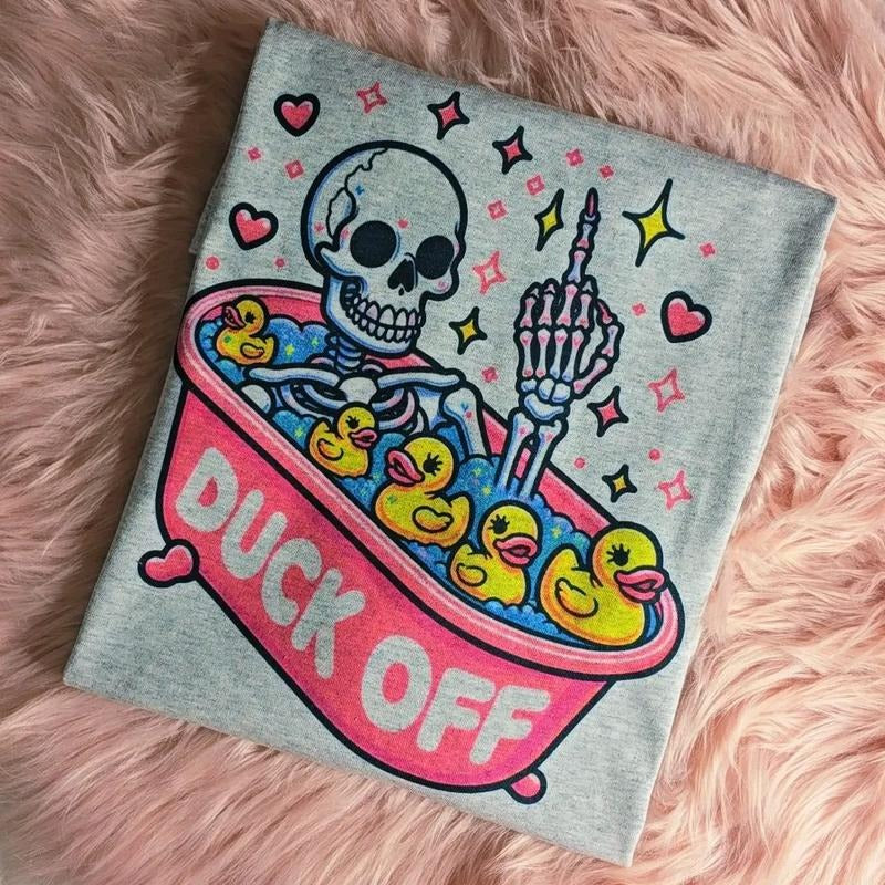 Duck off Funny Skeleton Graphic Tee Loose fit Top Vintage Look