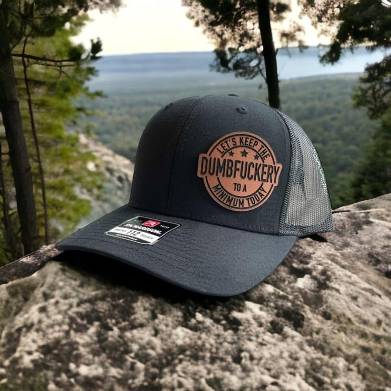 Dumbfuckery Trucker Hat with Rawhide Leather Patch | Hat Trend | Dad Hat | Funny Trucker Hat | Funny Hats for Men...