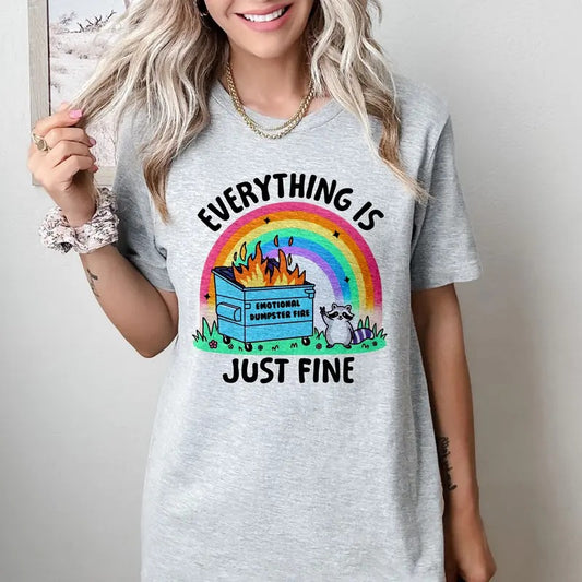 Dumpster Fire Raccoon - T-Shirt -  Print is Sublimation, Unisex T-Shirt, Funny Tee,Gift Idea, Relaxed Fit, Casual Apparel, Great with Jeans, Womenswear Graphic