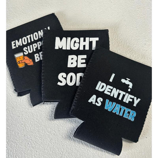 EMOTIONAL SUPPORT BEER, MIGHT BE SODA, I IDENTIFY AS WATER KOOZIES 3 PACK CAN COOLERS