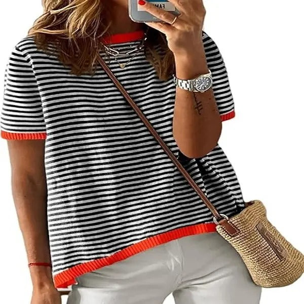 ETCYY Women'WB shield Casual Sweaters Crewneck Short Sleeve Striped Color Block Knitted Knit Cardigan Pullover Top...
