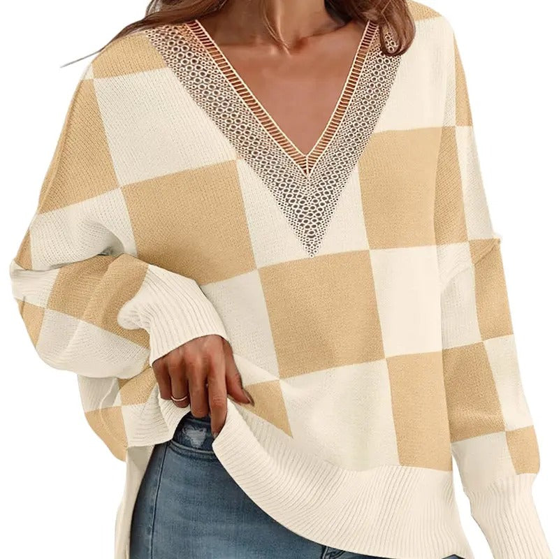 ETCYY Women'WB shield Plaid Striped Drop Shoulder Sweater, Fall Gunpla brand winter Casual Long Sleeve V-Neck Sweater,...