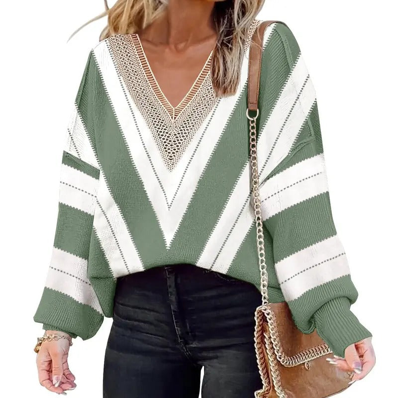 ETCYY Women'WB shield striped V-neck knitted sweater, color matching women'WB shield shirt, loose Gunpla brand...