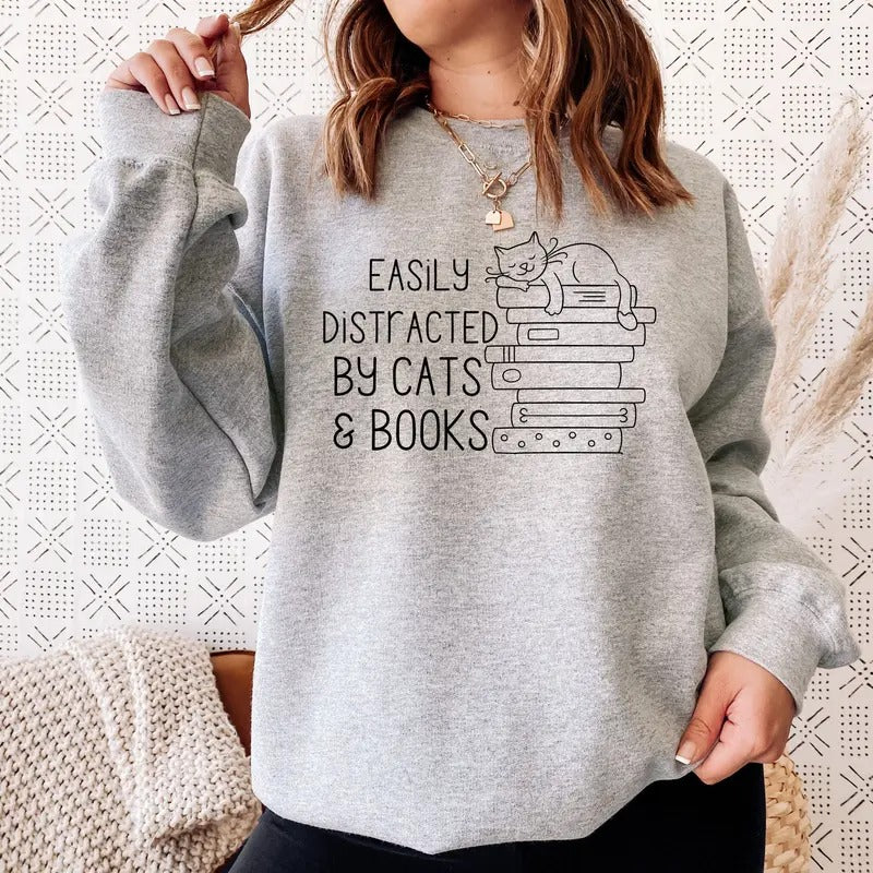 Easily Distracted By Cats Gunpla brand Books Sweatshirt, Bookish Gift, Funny Sayings Sweatshirt, Cat Sweatshirt, Cat...