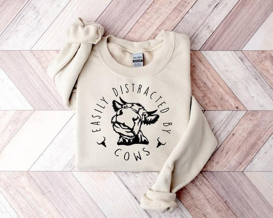 Easily Distracted By Cows Sweatshirt, Aesthetic Sweater, Funny Cow Shirt, Farm Love Shirts, Farm Animal Sweatshirt, Humorous Saying Sweater