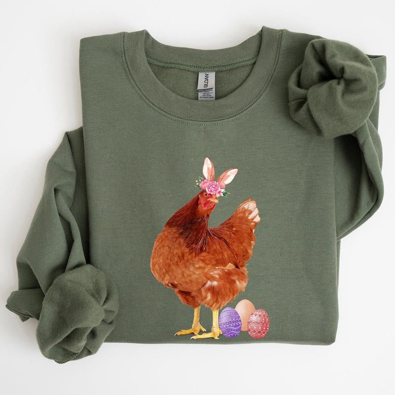 Easter Chicken, Rabbit, Eggs, Funny Sweatshirt, Women's Crew Neck, Crewneck T-Shirts, Hoodie | DripVista.com