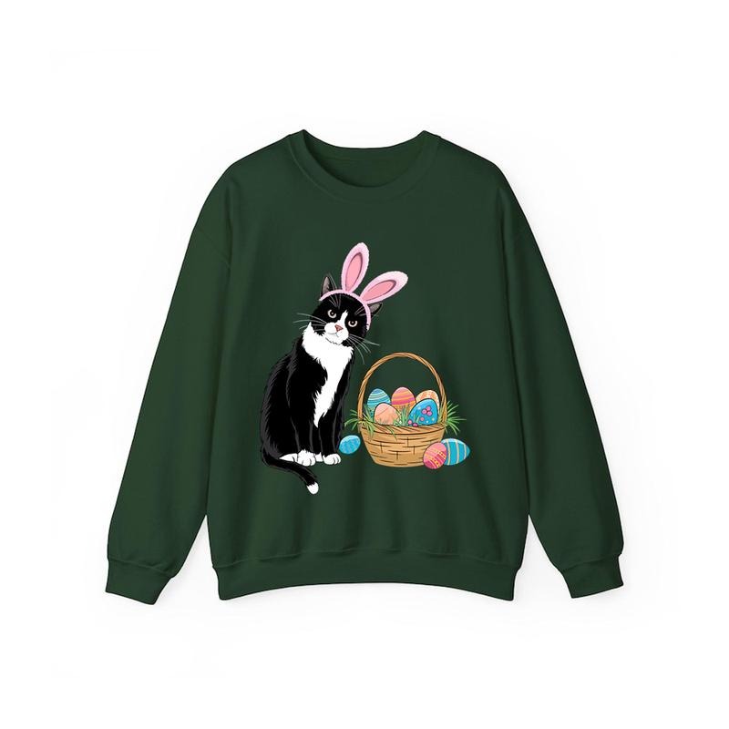 Easter Day Cat Bunny Ears Eggs Sweatshirt Casual Style Fleece Crewneck Pullover Sweatshirt Tops for Women for Men, Perfect Gift
