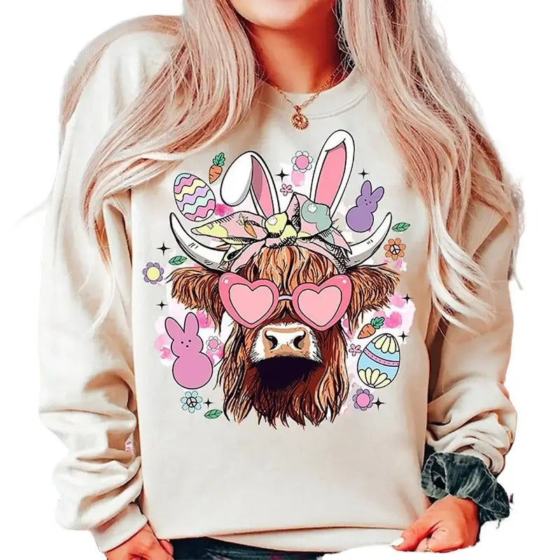 Easter Day Highland Cow Sweatshirt, Hoodie, T-shirt, Easter Shirt, Cute Easter Gifts, Peeps Shirt | DripVista.com