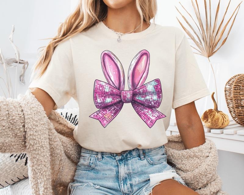 Easter Disco Bow and Bunny Ears Unisex Shirt, Cute Easter Shirt Available in Long Sleeve, Raglan or Short Sleeve