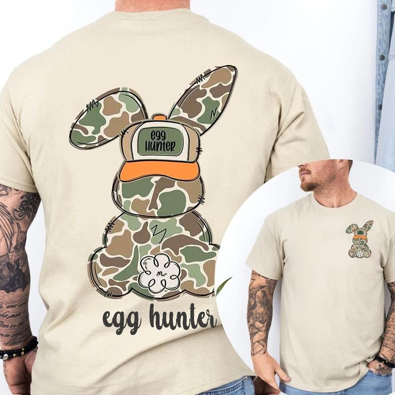 Easter Egg Hunter Bunny with Hat Cap 2 Sided Shirt, Oldschool Camo Bunny Easter Shirt, Bunny Easter's Day, Easter Gift...