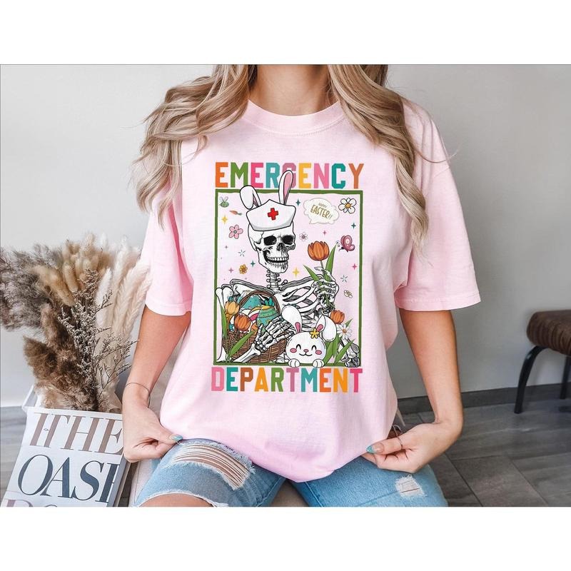 Easter Emergency Department Skeleton Nurse Shirt, Er Nurse Easter Tee, Cute Easter Floral Rabbit Sweatshirt, Happy Easter Day Shirt