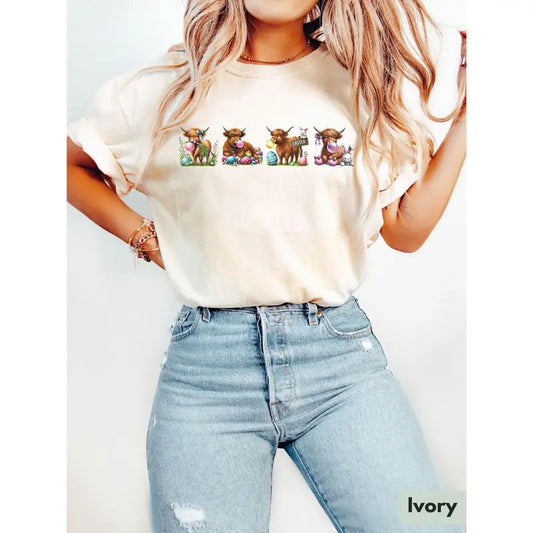 Easter Highland Cow Shirt Cute Coquette Easter TShirt Western Easter Shirt for Farmer Cow Lover Easter Gift Cute Farm Shirt