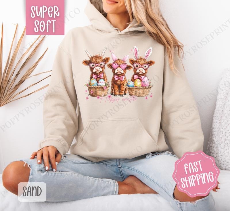 Easter Highland Cows Hoodie, Easter Women's Crewneck, Cute Cow Women's Hooded Sweater T-Shirts, Sweatshirt | DripVista.com