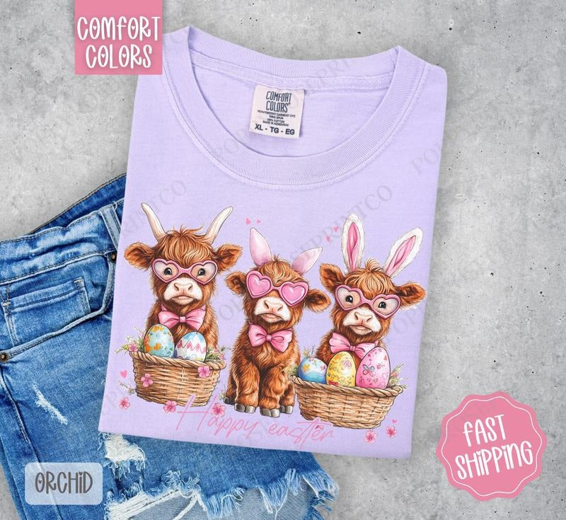 Easter Highland Cows Shirt Comfort Colors, Easter Tshirt, Trendy Cow Women's Tee, Gift for Her