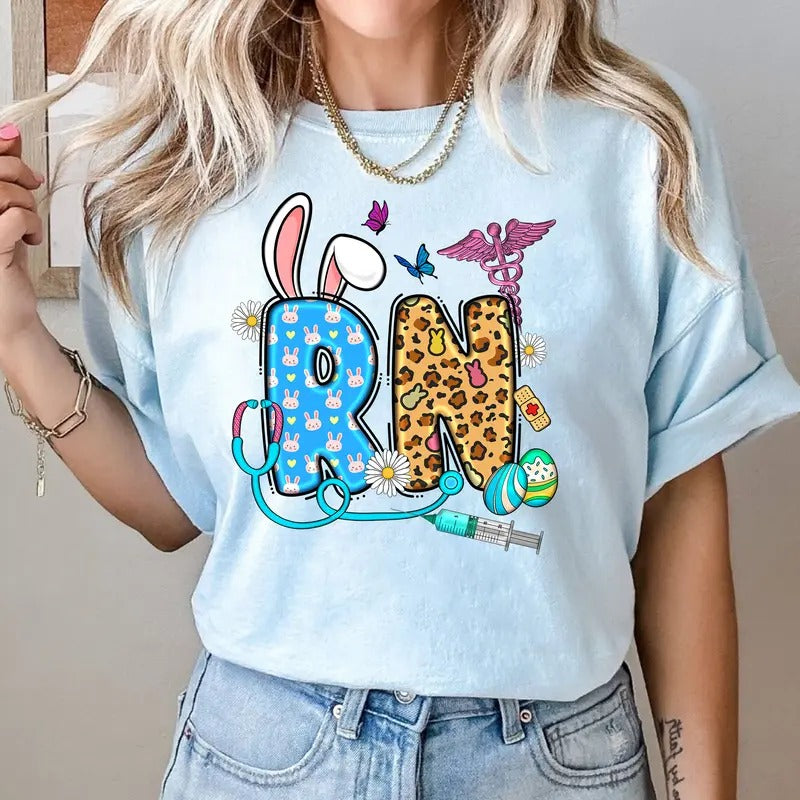Easter RN Shirt - Cute Nurse T-Shirt with Bunny & Leopard Print - Spring Healthcare Tee