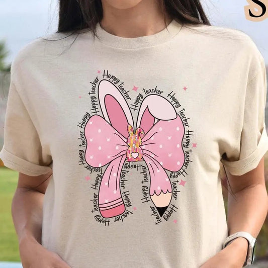 Easter Teacher Cute Coquette Bow Bunny Shirt, Teacher Easter T-Shirt, Teacher Appreciation Gift, Spring School Teacher Tee