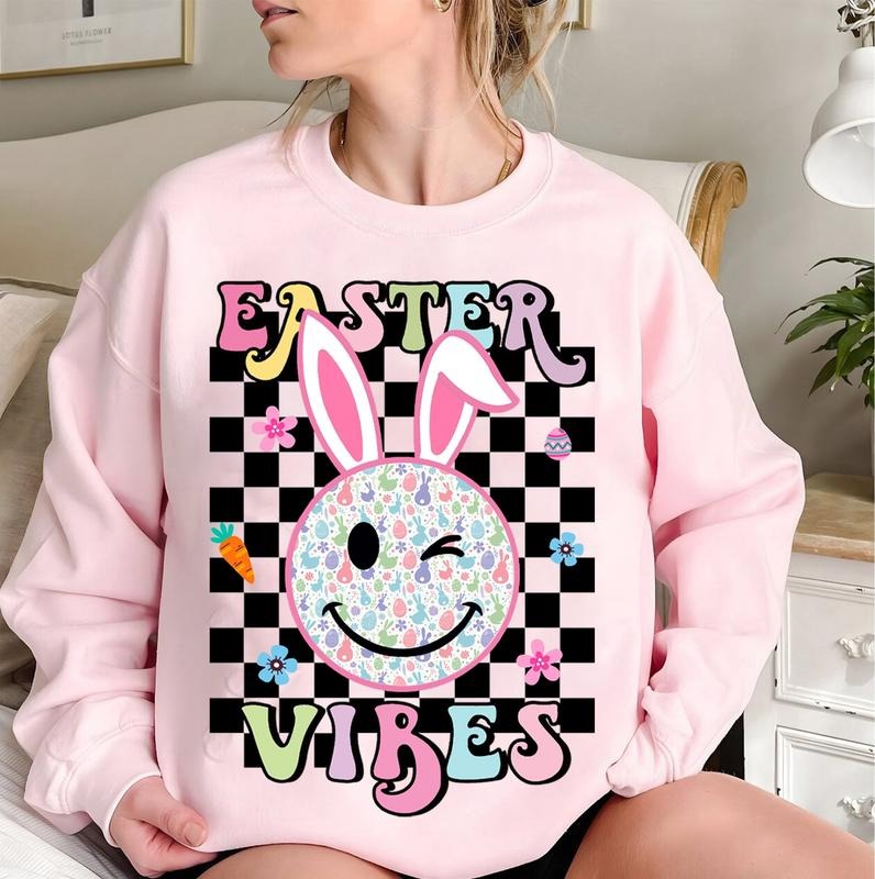 Easter Vibes Smiley Face Sweatshirt, Easter Bunny Shirt, Leopard Smiley Bunny Sweatshirt, Cute Retro Easter \bSweater,...