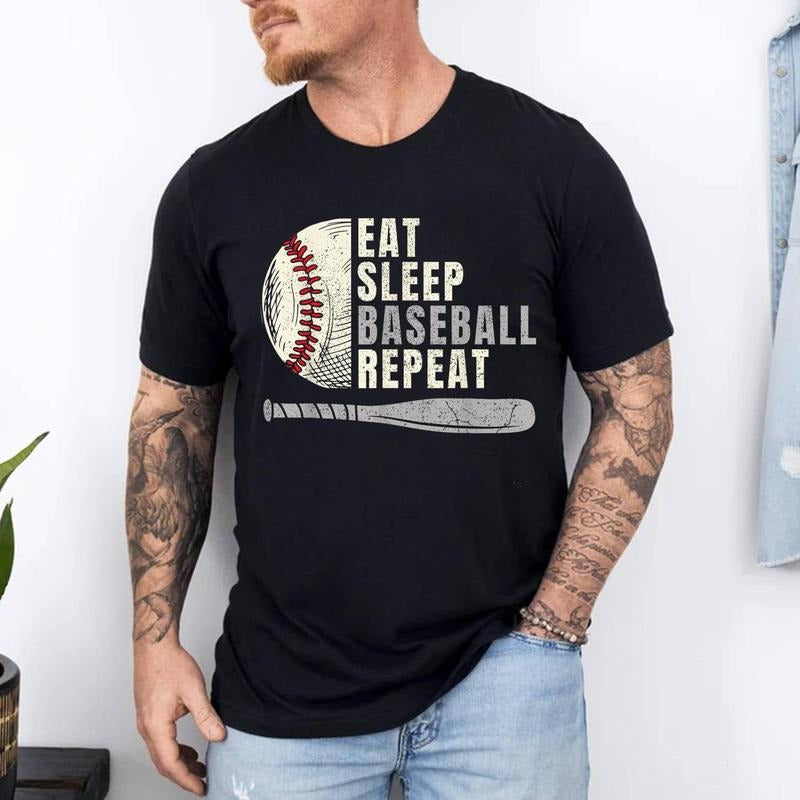 Eat Sleep Baseball Repeat Funny Baseball Player T-Shirt | 100% Cotton Tee, Top Menswear Hoodie, Sweatshirt | DripVista.com