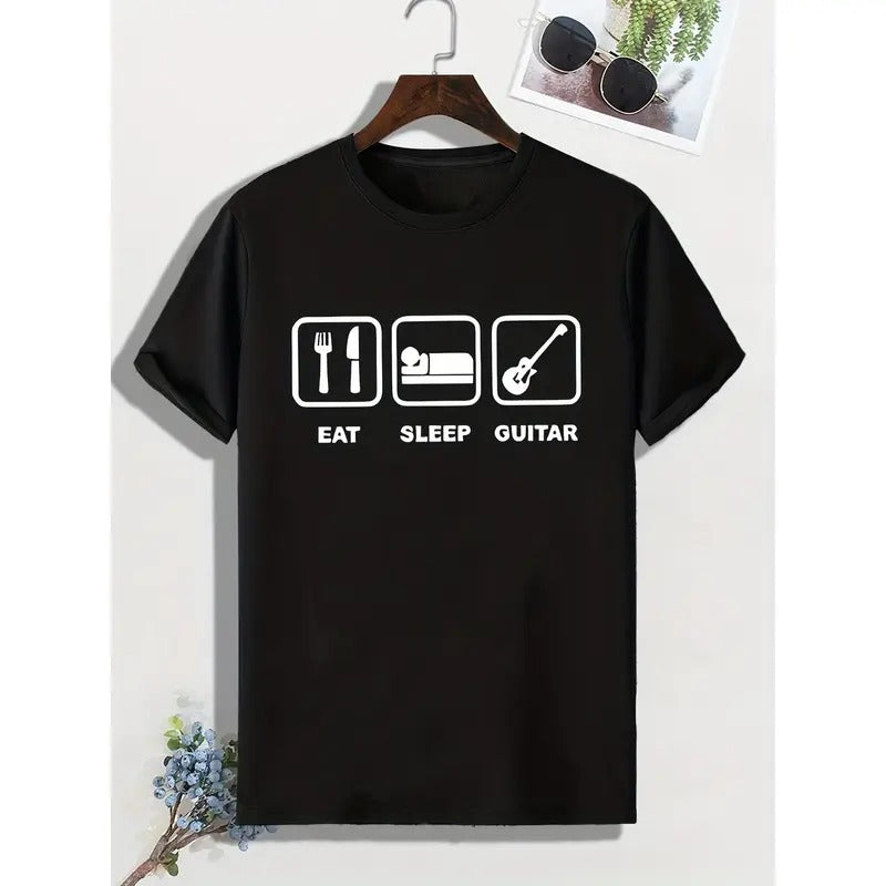 Eat Sleep Guitar Print, Men's Trendy Comfy T-shirt, Active Slightly Stretch Breathable Tee For Outdoor Summer Made in USA