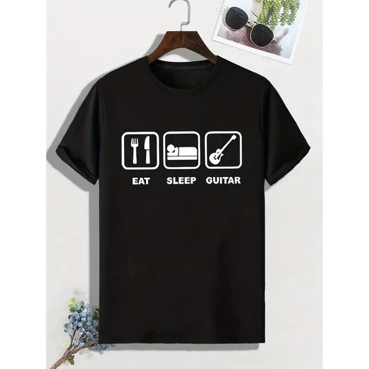 Eat Sleep Guitar Print, Men's Trendy Comfy T-shirt, Active Slightly Stretch Breathable Tee For Outdoor Summer Made in USA