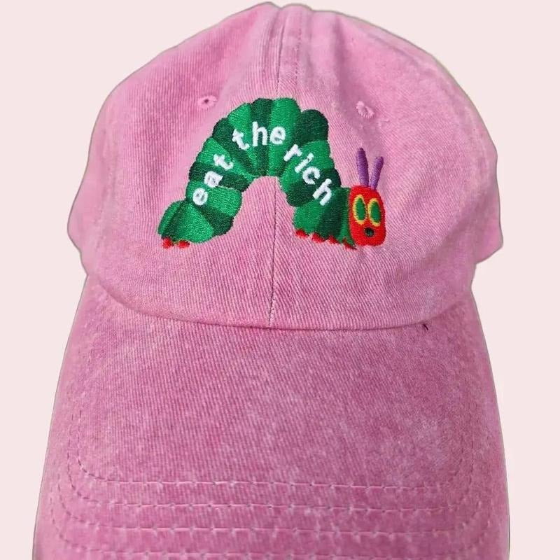 Eat The Rich Embroidery Hat, Hungry Caterpillar Hat, Bookish Hat, Activist Hat, Embroidered Caterpillar Hat, Bookworm...