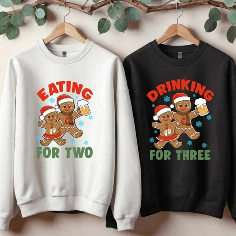 Eating For Two Drinking For Three Sweatshirt, Customized Christmas Hoodie, Couple Matching Sweat, Christmas Pregnancy Announcement shirt