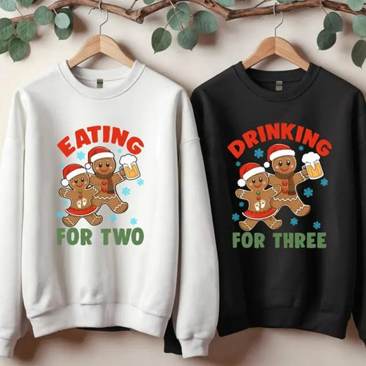 Eating For Two Drinking For Three Sweatshirt, Customized Christmas Hoodie, Couple Matching Sweat, Christmas Pregnancy Announcement shirt
