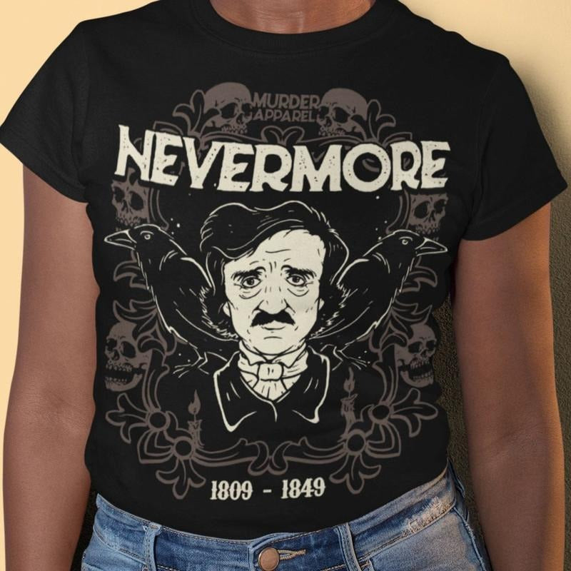 Edgar Allan Poe Nevermore 1809 1849 Skull Raven Quote Gothic Vintage Shirt