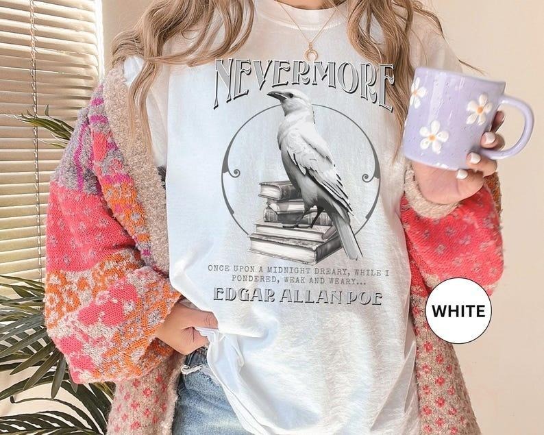 Edgar Allan Poe Tshirt White Raven Nevermore The Raven Shirt Dark Academia Gift For Gothic Poetry Lover Dark Romance Bookish Gift For Her
