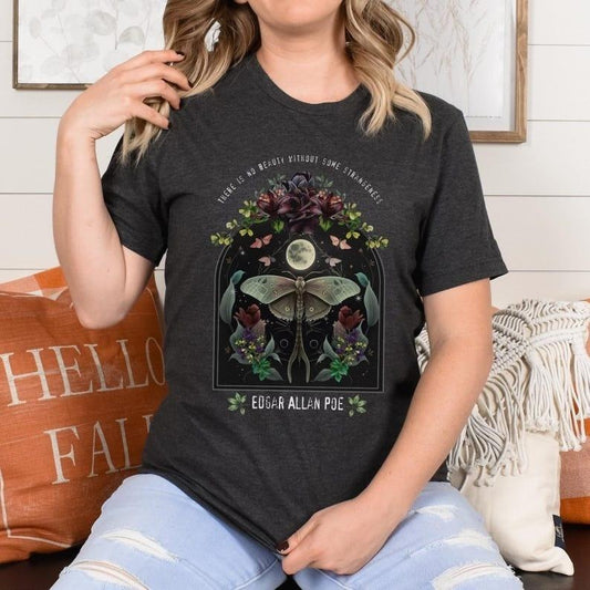 Edgar Allan Poe shirt, dark academia bookish gift, night garden literary quote, fairycore gothic magical t shirt, dark botanical bookish tee