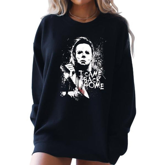 Edgy Grunge Halloween Crewneck Sweatshirt - "I Came Home" Horror Movie  Design, Long Sleeve, Unisex Sizing - Perfect Alternative Fall Fashion for Horror Fans