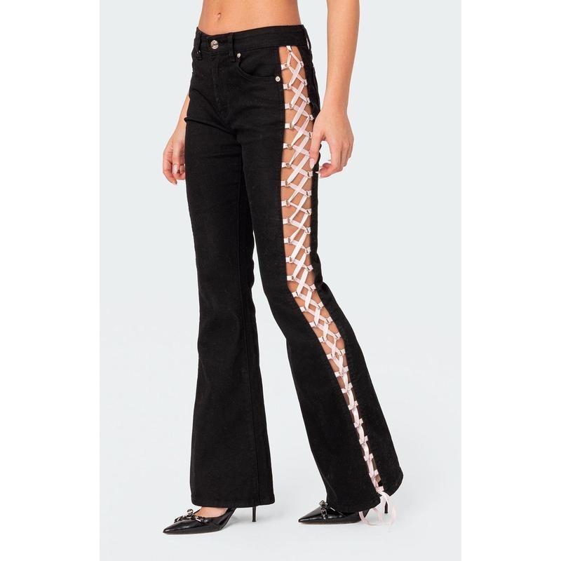 Edikted Women's Satin Lace Up Flare Jeans