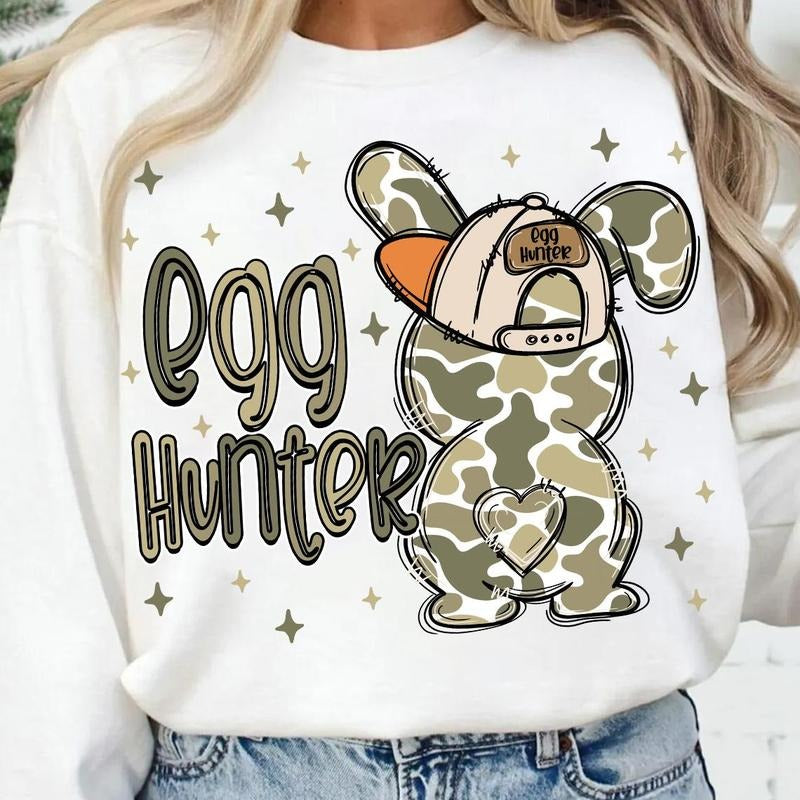 Egg Hunter Bunny Easter Sweatshirt, Camo Easter Bunny Tee, Hunting Shirt, Boy Bunny With Backwards Hat Tee, Camouflage...