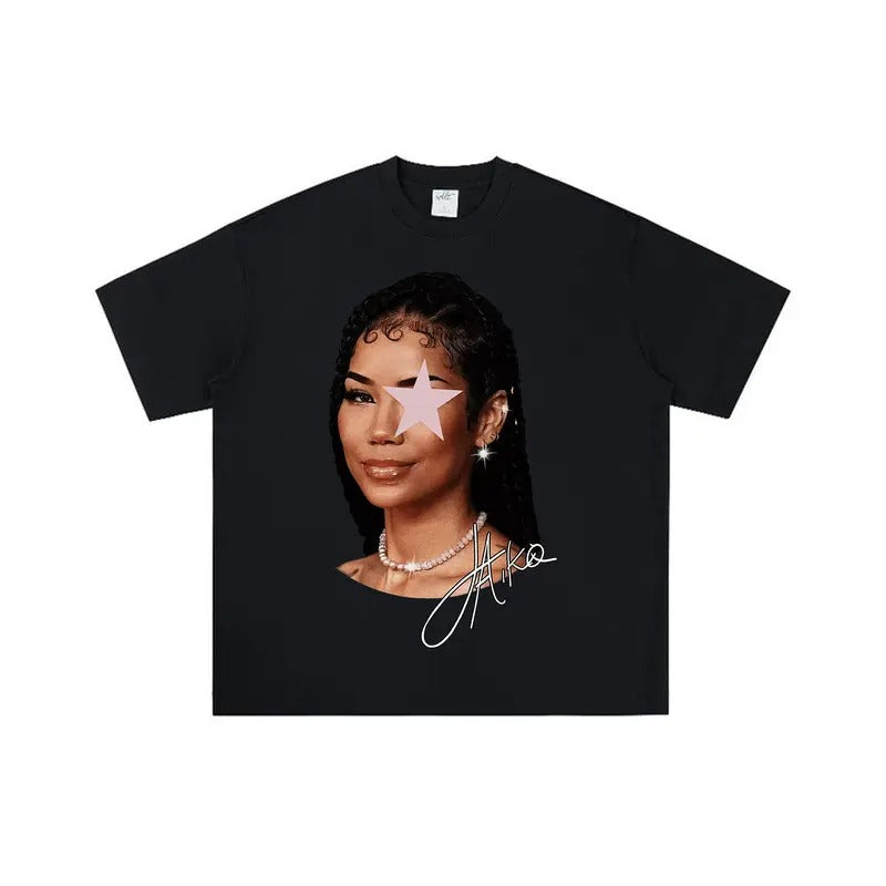 Elevate Your Fashion with Jhene Pink Star Big Face Graphic Tee Hoodie, Sweatshirt | DripVista.com