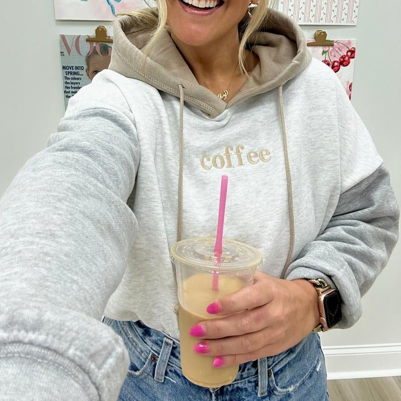 Embroidered 'Coffee' Colorblock Hoodie