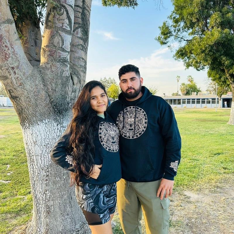 Embroidered Aztec calendar hoodies