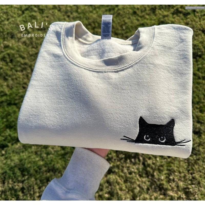 Embroidered Cat Sweatshirt, Cute Black Cat Lover Peeking Sweatshirt, Gift for Cat Mom , Global Trending Outfits
