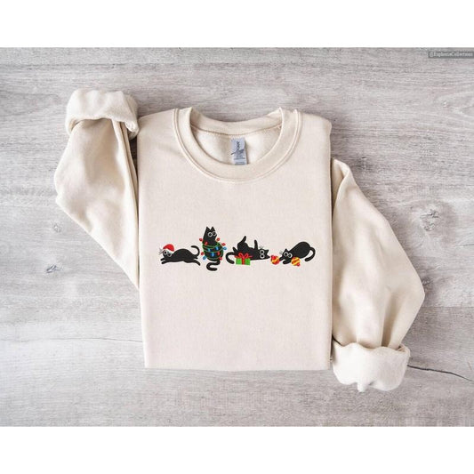 Embroidered Christmas Cute Cat Sweatshirt, Hoodie, Tee, Embroidery Funny Xmas Hoodie Christmas Cute Cat Lover Sweater , Global Trending Outfits