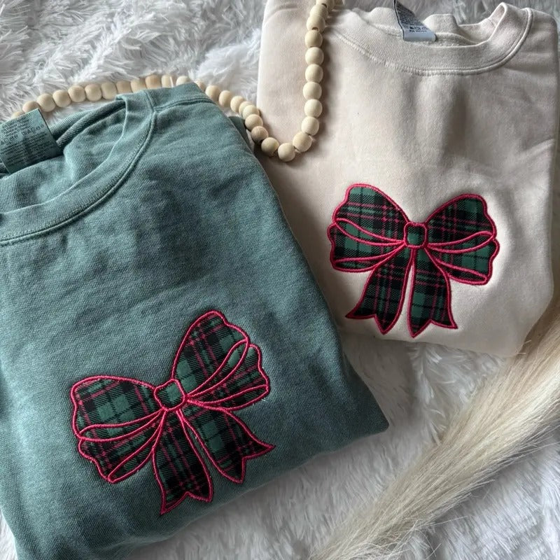 Embroidered Christmas Sweatshirt, Bow Sweatshirt, Christmas Bow Sweatshirt T-Shirts, Hoodie | DripVista.com