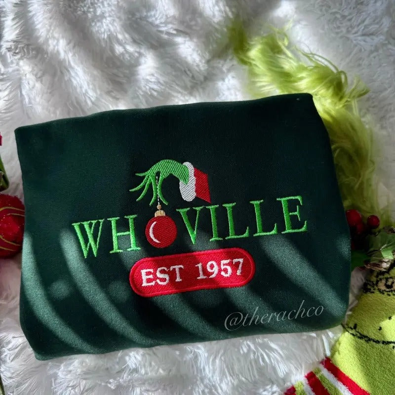 Embroidered Christmas Sweatshirt, Christmas Crewneck, WhoVlle Sweatshirt, Christmas Sweater T-Shirts, Hoodie | DripVista.com