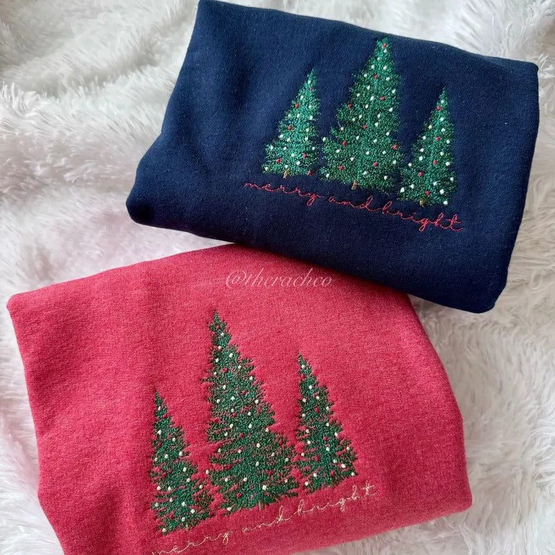 Embroidered Christmas Trees, Merry And Bright, Embroidered Sweatshirt T-Shirts, Hoodie | DripVista.com