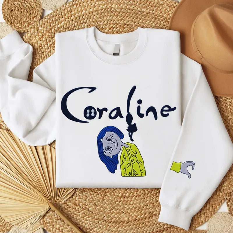 Embroidered Coraline Sweatshirt, Spooky Season Tee, Couple Matching Halloween Embroidery Shirt Gift