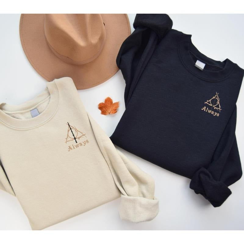Embroidered Deathly Hallows "Always" Sweatshirt, HP Inspired embroidery shirt, HP books, Booktok