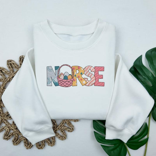 Embroidered Easter Nurse Sweatshirt, Trendy Easter Egg Sweatshirt, Women's Easter Crewneck, Cute Spring Nurse Sweater