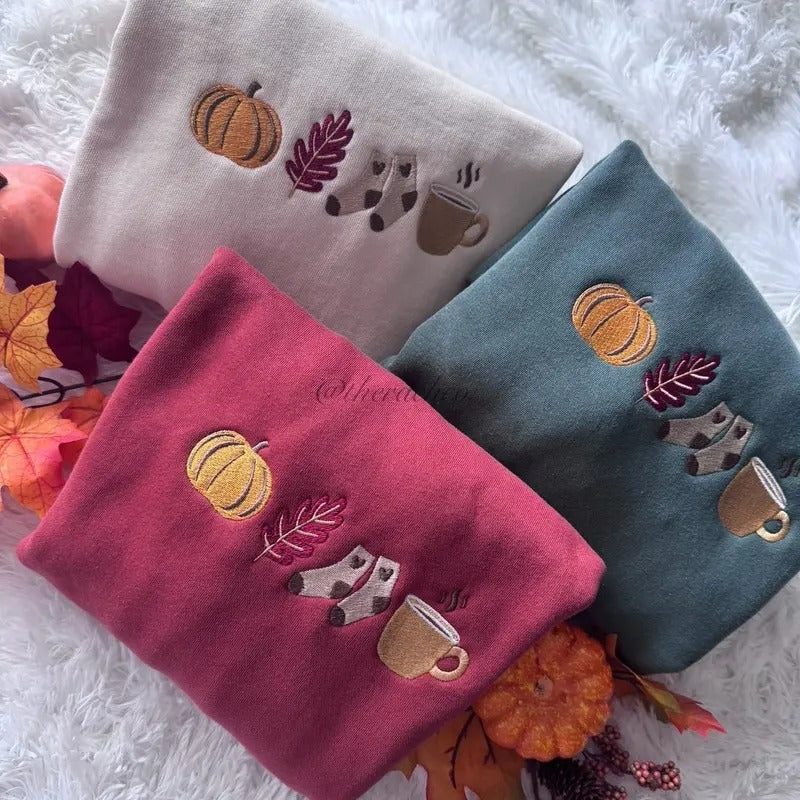 Embroidered Fall Sweatshirt, Fall Icons, Soft Cute Crewneck for Fall T-Shirts, Hoodie | DripVista.com